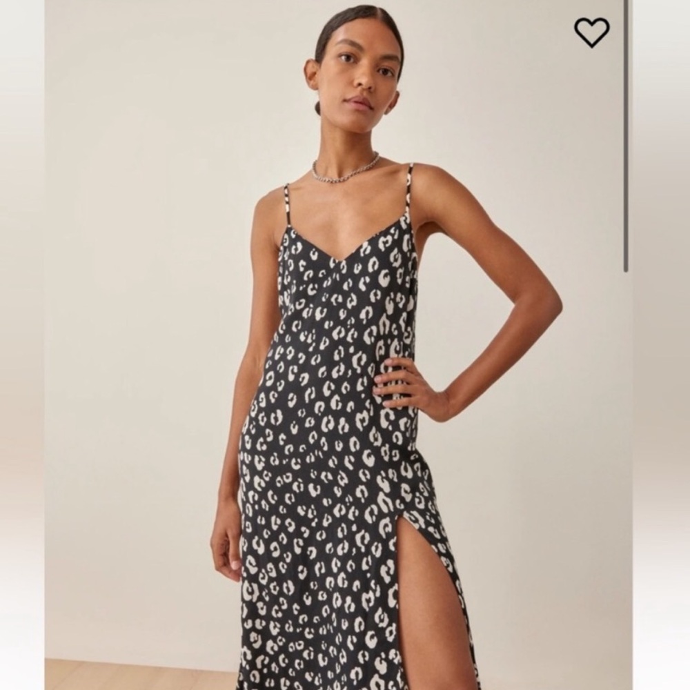 Reformation crimini black cat leopard midi dress